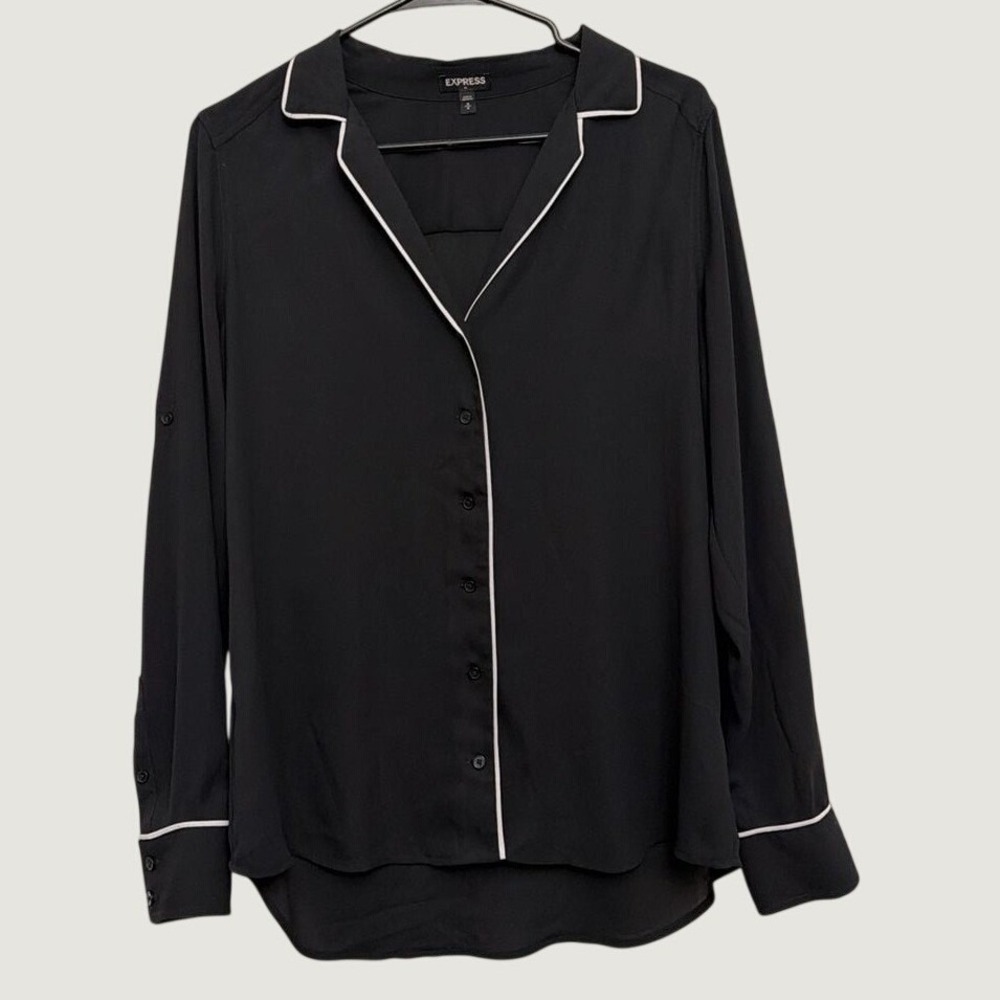 Express Button Down Shirt Size M Pajama Style Piping Polyester Relaxed Black‎
